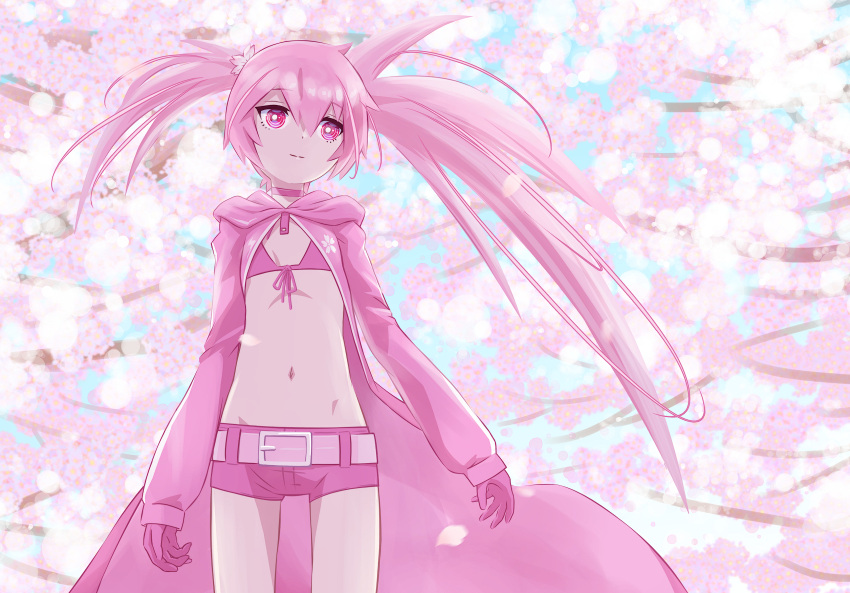 1girl 32zzz alternate_eye_color alternate_hair_color black_rock_shooter black_rock_shooter_(character) bra cherry_blossoms choker flat_chest gloves hair_between_eyes highres jacket long_hair long_sleeves navel open_clothes open_jacket pink_bra pink_choker pink_eyes pink_gloves pink_hair pink_jacket pink_shorts short_shorts shorts sidelocks solo twintails underwear uneven_twintails