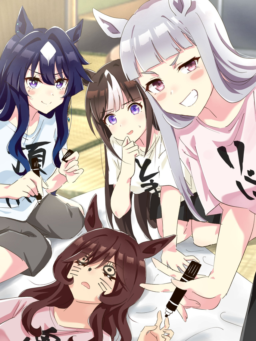 4girls alternate_costume alternate_hairstyle animal_ears black_hair blue_hair brown_hair closed_eyes closed_mouth dark_blue_hair gentildonna_(umamusume) gold_ship_(umamusume) grey_hair grin highres hokko_tarumae_(umamusume) horse_ears horse_girl looking_at_viewer mole mole_under_eye multiple_girls nk-43g prank purple_eyes sleeping smile smug umamusume v verxina_(umamusume)