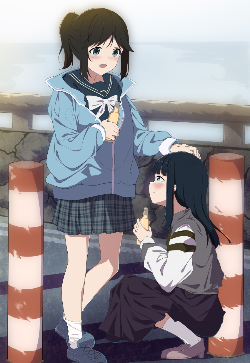 2girls absurdres black_hair blue_eyes blue_footwear blue_hair blue_jacket blue_sailor_collar blue_shirt blue_skirt blush bottle bow bowtie commentary_request grey_footwear grey_jacket hand_on_another's_head hibike!_euphonium highres holding holding_bottle jacket kasaki_nozomi liz_to_aoi_tori long_hair looking_at_another multiple_girls ocean outdoors plaid pleated_skirt ponytail purple_skirt railing sailor_collar school_uniform serafuku shirt skirt socks soha_(sirohase) squatting white_bow white_bowtie white_socks yoroizuka_mizore