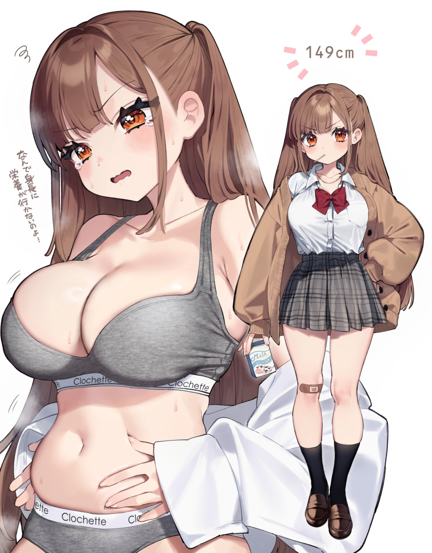 1girl absurdres bandaid bandaid_on_knee bandaid_on_leg belly_grab black_socks bow bowtie breasts brown_eyes brown_hair cardigan collarbone full_body grey_panties grey_sports_bra height highres kodama_(sakura_yuki) large_breasts loafers long_hair long_sleeves milk_carton multiple_views navel open_cardigan open_clothes original panties red_bow red_bowtie sakura_yuki_(clochette) school_uniform shirt shoes shortstack skirt socks sports_bra squiggle thighs underwear upper_body wavy_mouth white_background white_shirt