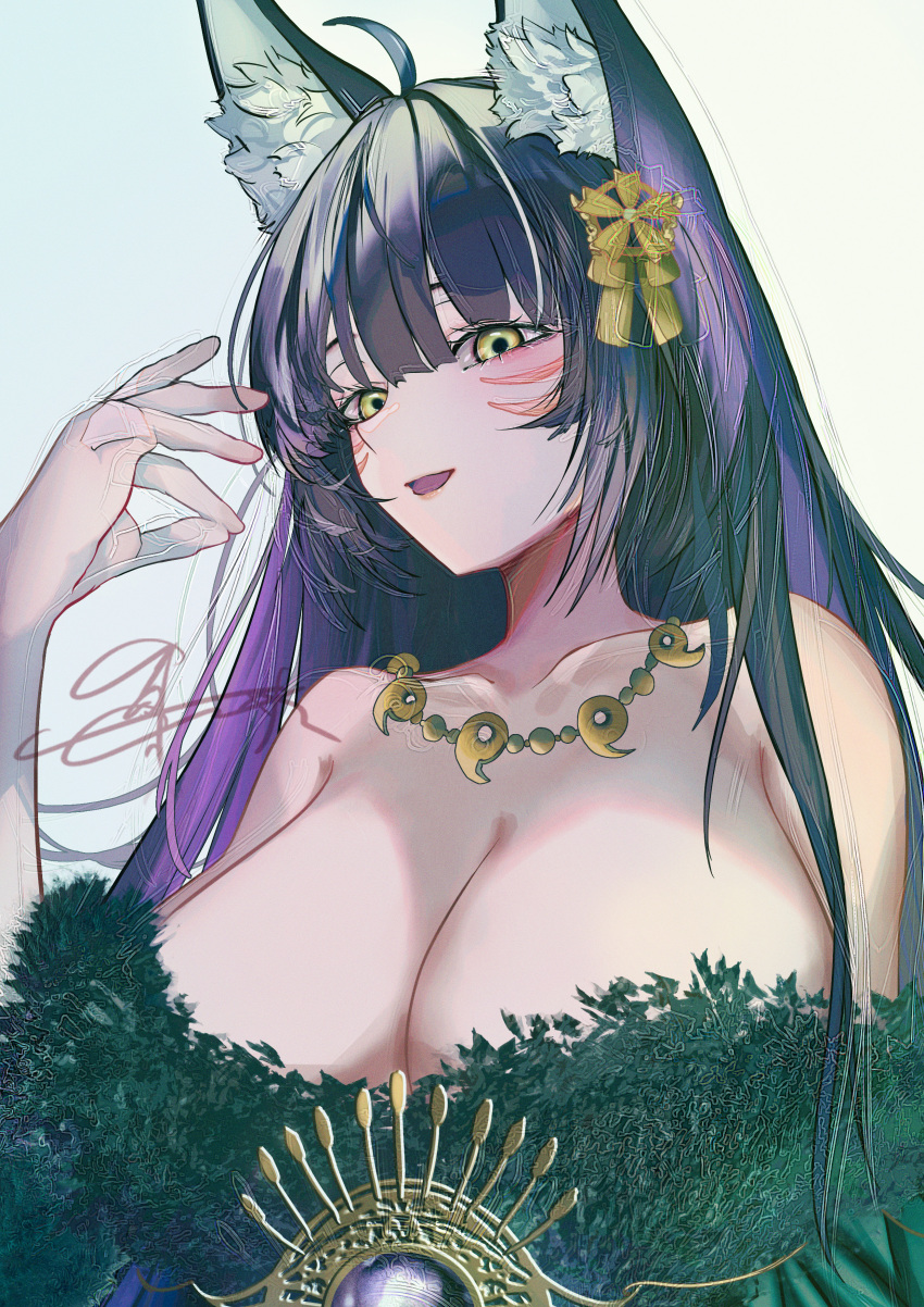 1girl absurdres animal_ear_fluff animal_ears azur_lane bare_shoulders breasts cleavage collarbone facial_mark fox_ears fox_girl fur-trimmed_kimono fur_trim gem hair_ornament highres huge_breasts japanese_clothes jewelry kerla kimono kitsune long_hair looking_at_viewer low_neckline magatama magatama_necklace musashi_(azur_lane) necklace open_mouth purple_gemstone purple_hair simple_background solo upper_body whisker_markings yellow_eyes