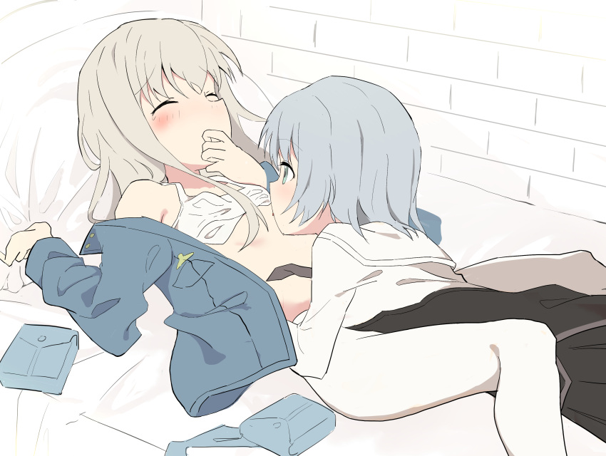 2girls absurdres between_legs blonde_hair blue_eyes blue_hair blue_shirt blush camisole closed_eyes commentary covering_own_mouth eila_ilmatar_juutilainen highres licking licking_breast long_hair looking_at_another multiple_girls open_clothes open_shirt pantyhose pouch sailor_collar sanya_v._litvyak shirt short_hair soha_(sirohase) strike_witches:_aurora_no_majo tongue tongue_out white_camisole white_pantyhose white_sailor_collar white_shirt yuri
