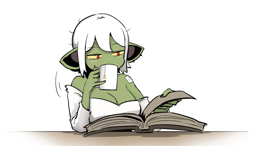 1girl absurdres artist_self-insert bandages black_nails book breasts cleavage colored_sclera colored_skin cup earrings female_goblin goblin green_skin highres holding holding_cup jewelry minchi_(anda) monster_girl mug off_shoulder pointy_ears reading red_eyes shirt solo table turning_page white_background white_hair white_shirt yellow_sclera