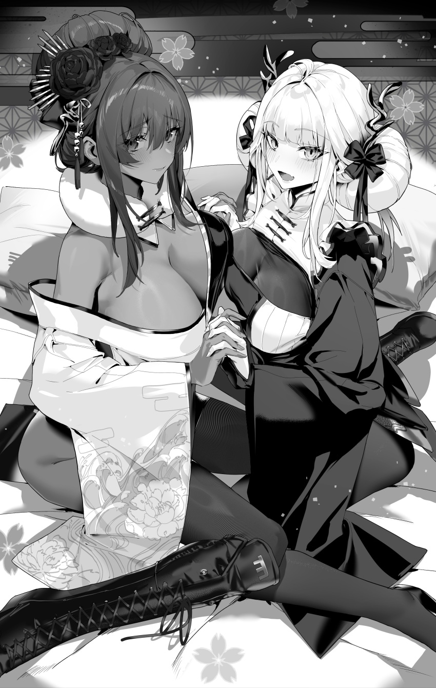 2girls absurdres bankongping blanc_(nikke) blanc_(white_rabbit)_(nikke) blush bodystocking boots bow breasts cleavage closed_mouth commentary_request cross-laced_footwear dark-skinned_female dark_skin flower from_side goddess_of_victory:_nikke greyscale hair_bow hair_flower hair_ornament hairpin highres holding_hands indoors interlocked_fingers japanese_clothes kimono knee_boots large_breasts long_sleeves looking_at_viewer monochrome multiple_girls noir_(black_rabbit)_(nikke) noir_(nikke) off_shoulder open_mouth pantyhose see-through see-through_cleavage sidelocks sitting wariza wide_sleeves