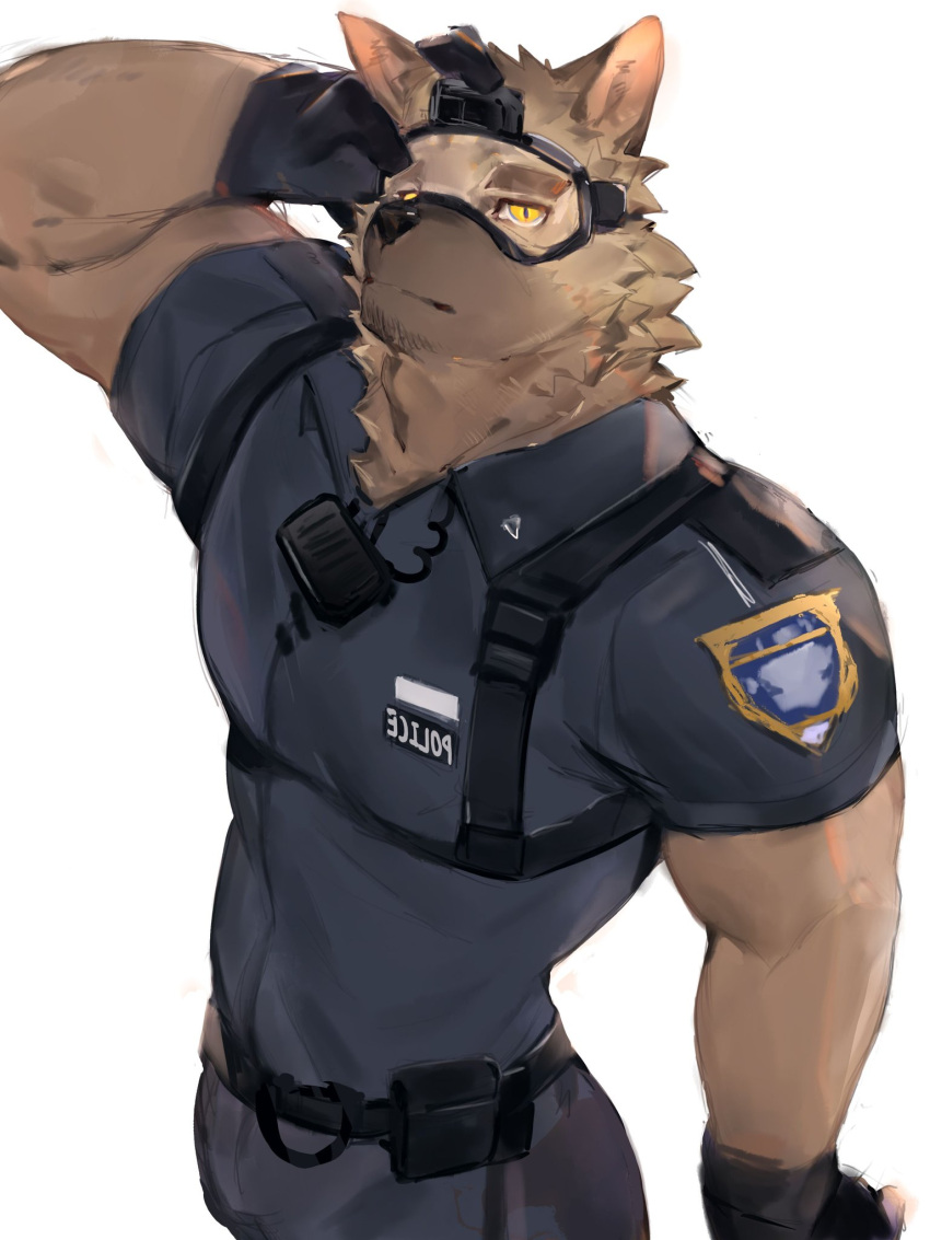 1boy black_gloves closed_mouth commentary cropped_legs dog_boy furry furry_male gloves goggles gradient_background highres looking_at_viewer male_focus original p7ywirzyw8lesuc police police_badge police_uniform short_sleeves solo uniform white_background yellow_eyes