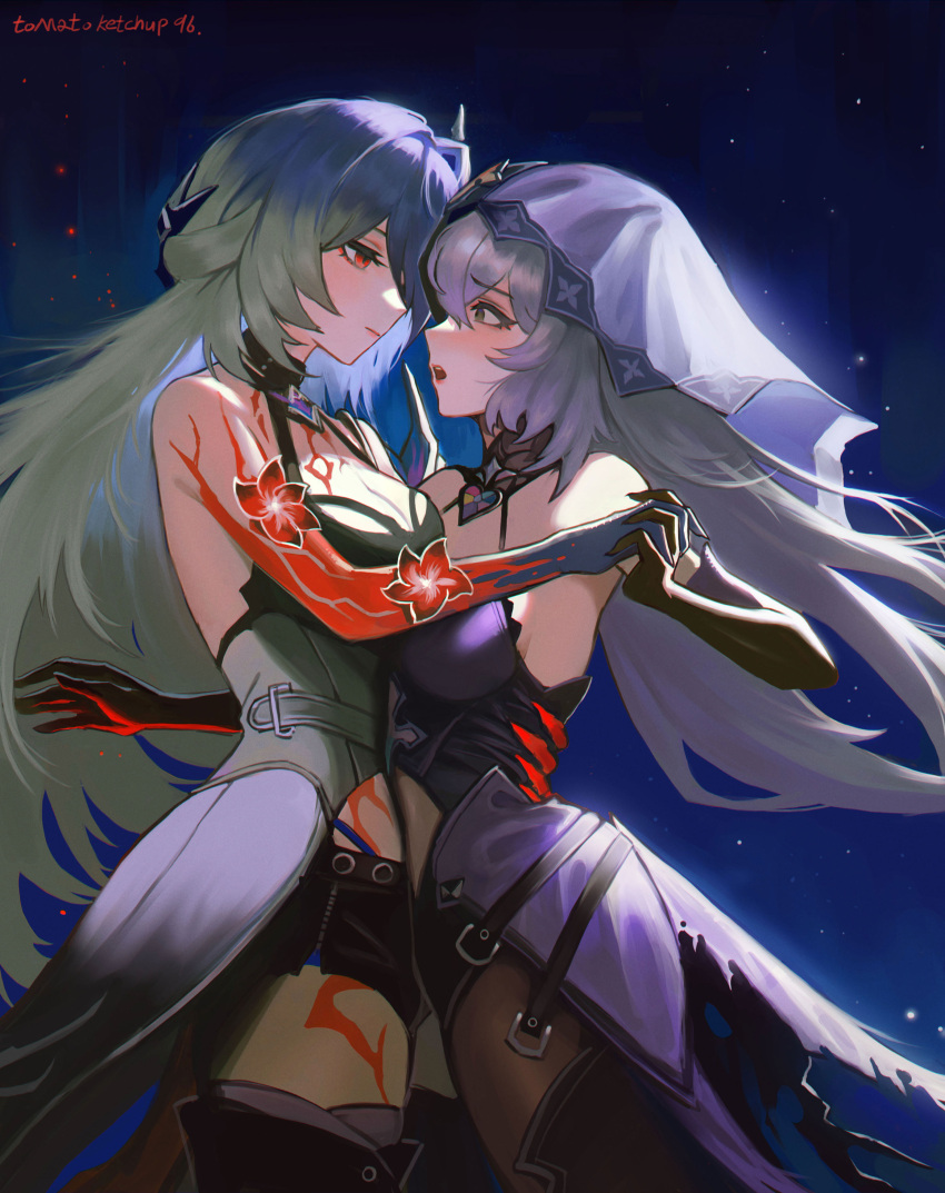 2girls absurdres acheron_(honkai:_star_rail) bare_shoulders black_swan_(honkai:_star_rail) body_markings breasts cleavage colored_extremities dancing eye_contact face-to-face henshin highres honkai:_star_rail honkai_(series) long_hair looking_at_another multiple_girls purple_hair red_eyes red_hands scared tomatoketchup96 torso_grab transformation veil very_long_hair white_hair yuri