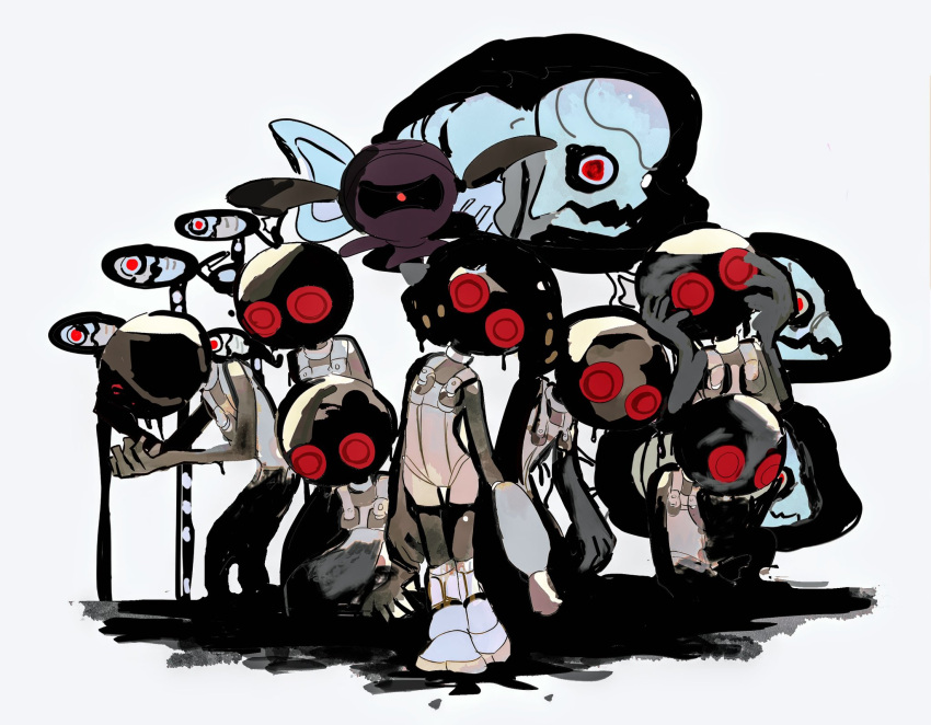 1girl 6+others battering_lento bodysuit drone fish fish_skeleton floating highres jelleton kkk_bg000 marching_andante mask multiple_others non-humanoid_robot order_shot_(splatoon) parallel_canon pearl_drone_(splatoon) red_eyes robot simple_background sleeveless sleeveless_bodysuit splatoon_(series) splatoon_3 splatoon_3:_side_order swarming_languendo white_background white_bodysuit