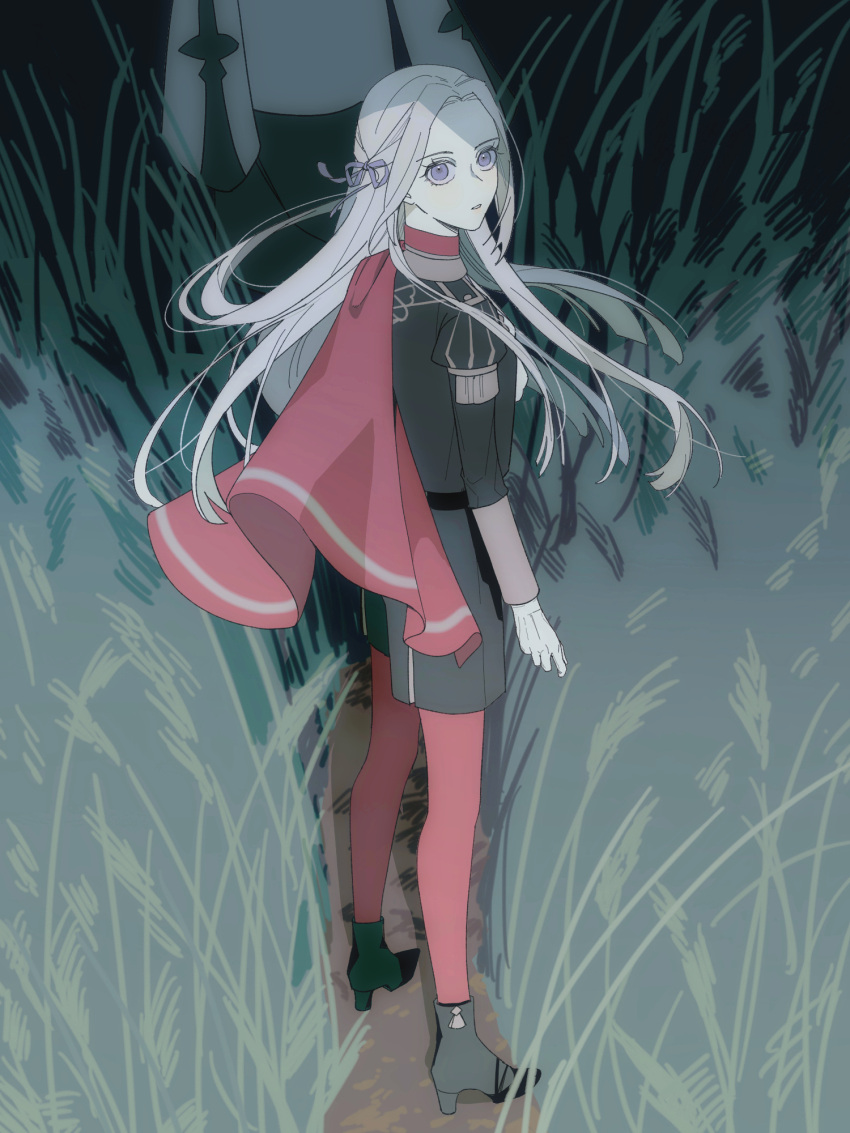 1girl 1other b_(wldms6650) black_footwear black_jacket cape commentary edelgard_von_hresvelg english_commentary fire_emblem fire_emblem:_three_houses floating_hair grass high_heels highres jacket long_hair long_sleeves looking_at_viewer looking_back night outdoors pantyhose parted_lips purple_eyes red_cape red_pantyhose white_hair