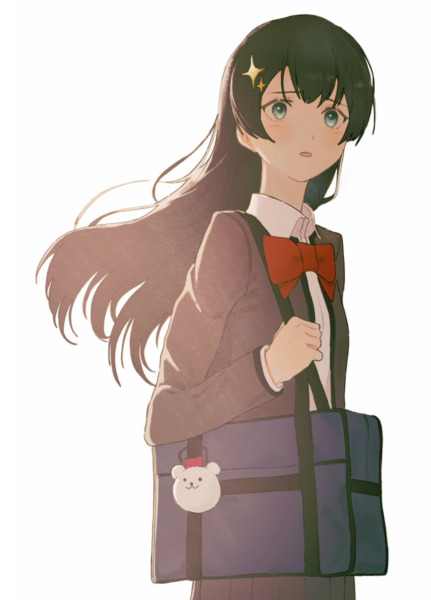 1girl arm_at_side backlighting bag bag_charm black_hair blue_eyes bow bowtie charm_(object) collared_shirt cowboy_shot floating_hair from_side grey_jacket grey_skirt hair_ornament hand_up highres holding_strap jacket kagura_hikari light_blush long_hair looking_at_viewer looking_to_the_side open_clothes open_jacket parted_lips pleated_skirt raised_eyebrows red_bow red_bowtie school_bag school_uniform seishou_music_academy_uniform shirt shoujo_kageki_revue_starlight shoulder_bag simple_background skirt solo sparkle_hair_ornament standing tsumino white_background white_shirt
