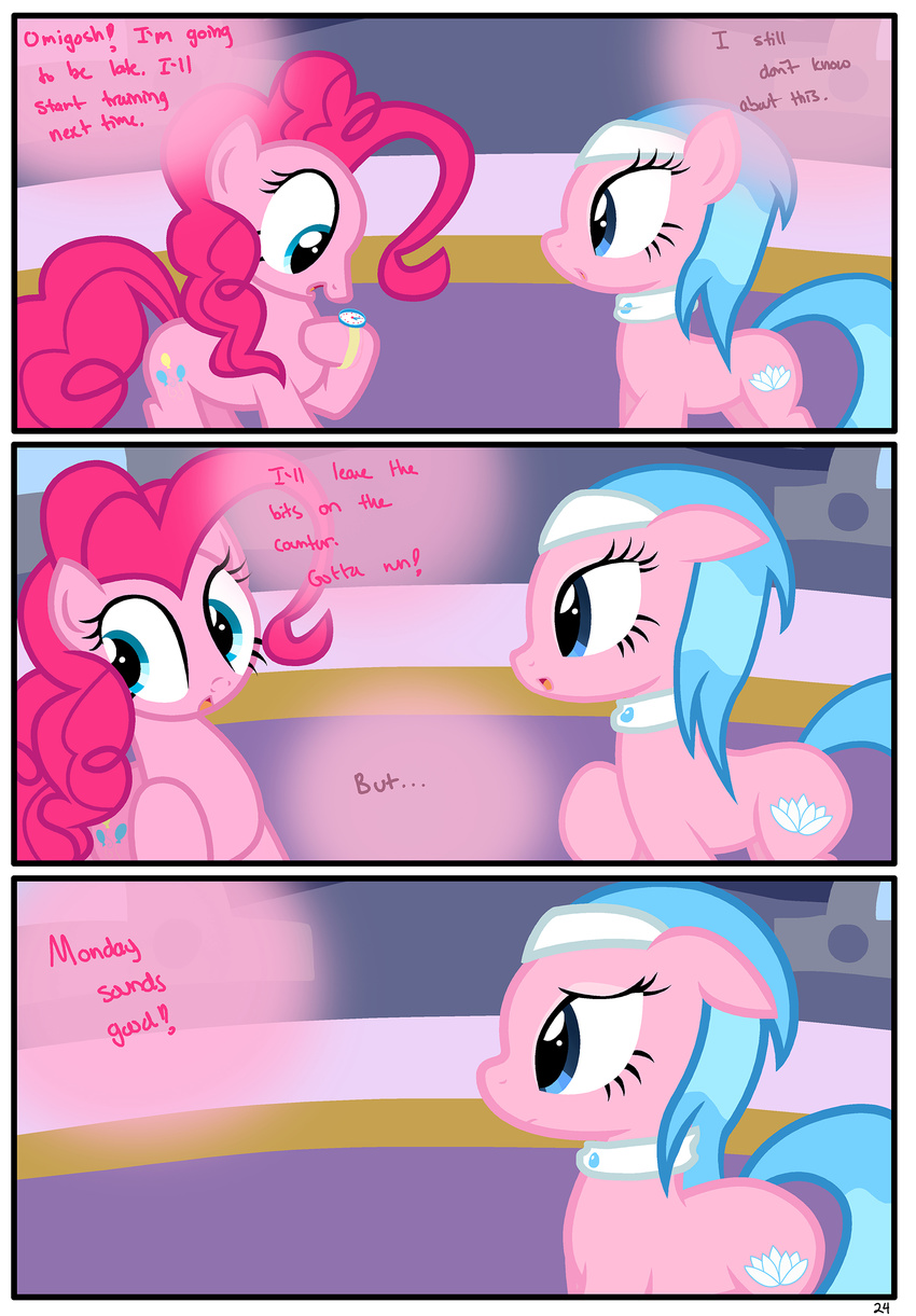 aloe_(mlp) blue_eyes blue_hair comic cutie_mark dialog english_text equine female feral friendship_is_magic hair hi_res horse mammal my_little_pony pink_body pink_hair pinkie_pie_(mlp) pony pyruvate text