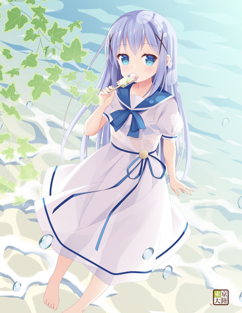 1girl barefoot blue_eyes blue_hair blush day dress eating food gochuumon_wa_usagi_desu_ka? hair_ornament highres ice_cream kafuu_chino kurasawa_kyoushou leaf long_hair looking_at_viewer outdoors see-through_silhouette solo sunlight water white_dress x_hair_ornament