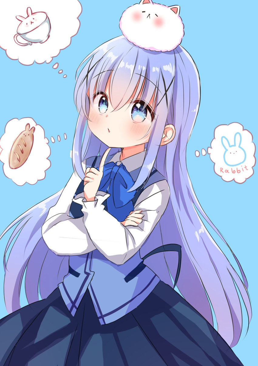 1girl angora_rabbit animal_on_head blue_eyes blue_hair blush bread cup finger_to_own_chin food gochuumon_wa_usagi_desu_ka? hair_ornament highres kafuu_chino long_hair nanami_ayane_(kusunoki5050) on_head rabbit rabbit_house_uniform rabbit_on_head teacup thinking thought_bubble tippy_(gochiusa) x_hair_ornament