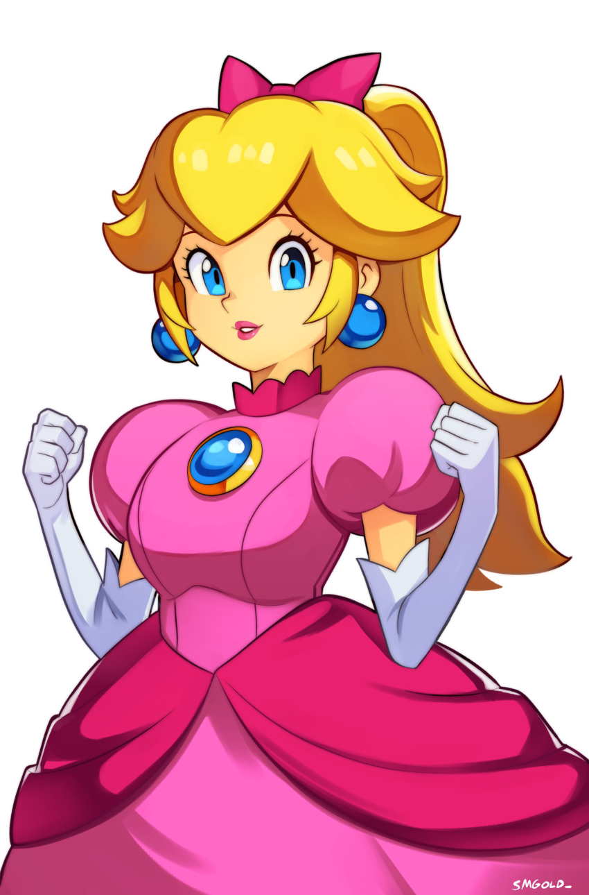 1girl absurdres artist_name blonde_hair blue_eyes bow breasts brooch clenched_hands dress earrings elbow_gloves gloves hair_bow high_ponytail highres jewelry long_hair mario_(series) medium_breasts pink_bow pink_dress pink_lips princess_peach short_hair simple_background smgold solo white_background white_gloves