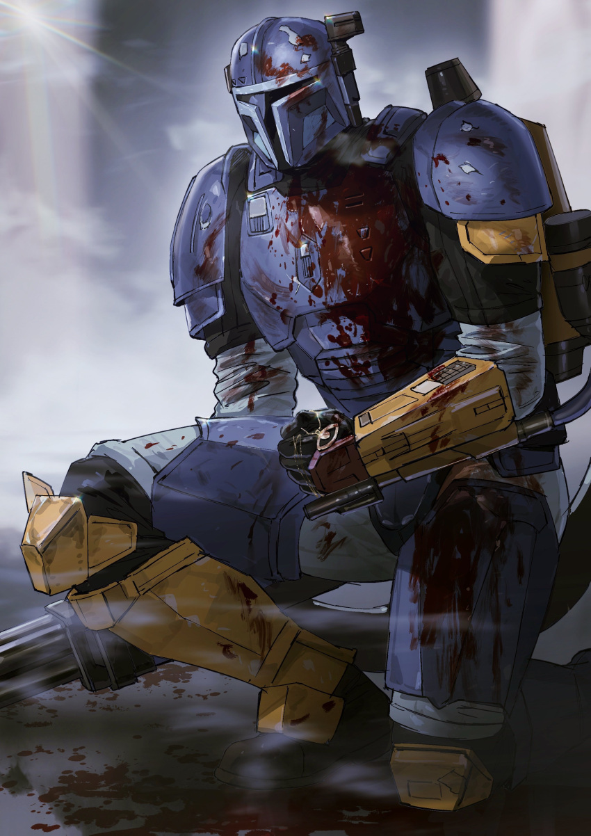 1boy absurdres assault_visor black_gloves blood blood_on_armor boots cable clenched_hand dog_tags gatling_gun gloves highres holding jetpack male_focus mandalorian_armor mandalorian_helmet minigun orange_footwear paz_vizsla sitting solo star_wars taocan_shisi_hao the_mandalorian