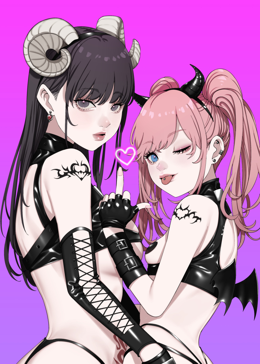 2girls :p aegyo_sal black_eyes black_gloves black_hair blue_eyes breasts demon_horns demon_wings ear_piercing earrings eyelashes fake_horns fake_wings fingerless_gloves fingernails gloves haruka_(tokyo_shinya_shojo) heart highres horns jewelry long_hair looking_at_viewer maou_(demonlord) middle_finger midriff multiple_girls one_eye_closed pasties piercing pink_background pink_hair pink_lips pubic_tattoo ria_(tokyo_shinya_shojo) sheep_horns shoulder_tattoo tattoo tokyo_shinya_shojo tongue tongue_out tongue_piercing twintails winged_heart_tattoo wings