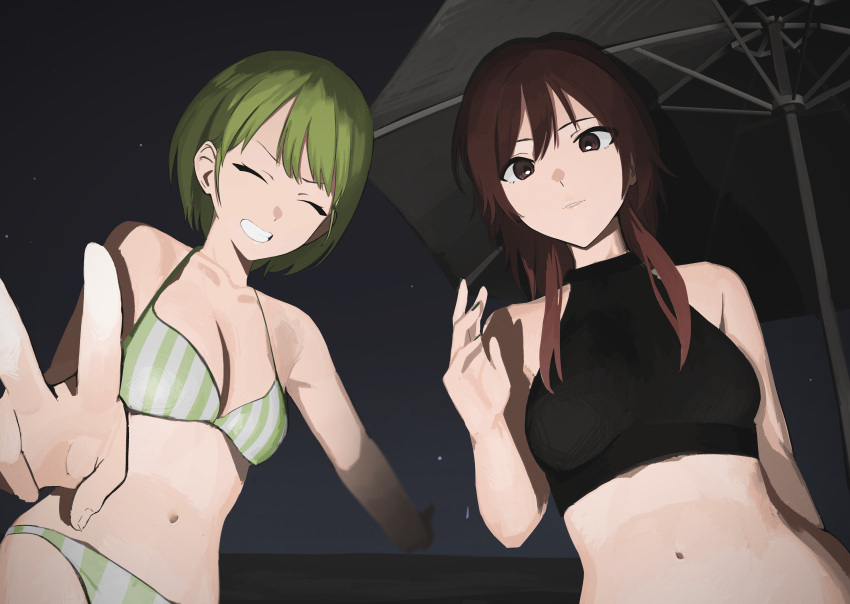 2girls absurdres aketa_mikoto bikini breasts brown_hair cleavage garuku1120 green_hair highres idolmaster idolmaster_shiny_colors looking_at_viewer multiple_girls nanakusa_nichika shhis_(idolmaster) swimsuit tagme v