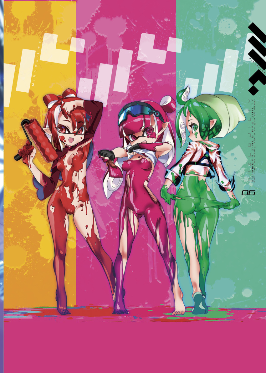 3girls :d ahoge arm_up ass barefoot bodypaint breasts choco_(chocolate_shop) fang goggles goggles_on_head green_eyes highres inkling inkling_girl inkling_player_character medium_breasts multiple_girls navel octoling octoling_player_character open_mouth paintbrush panties photoshop_(medium) pink_eyes pointy_ears profile red_eyes smile splatoon_(series) standing tentacle_hair thighs underwear