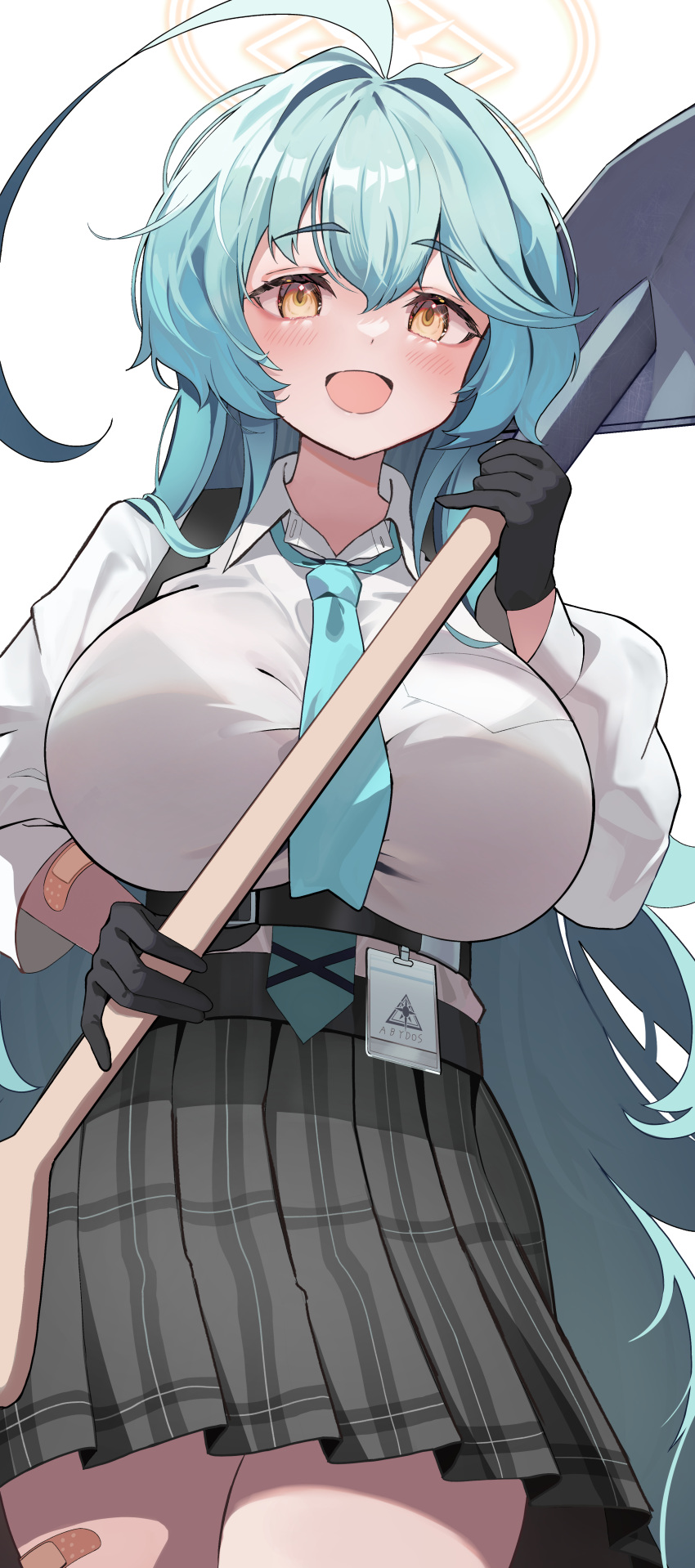 1girl absurdres ahoge aqua_hair aqua_necktie bandaid bandaid_on_leg black_gloves black_skirt blue_archive blush breasts chest_harness gloves halo harness highres holding holding_shovel huge_ahoge huge_breasts id_card long_hair looking_at_viewer naseul_777 necktie plaid plaid_skirt pleated_skirt school_uniform shirt shirt_tucked_in shovel simple_background skirt smile solo thighs very_long_hair white_background white_shirt yellow_eyes yume_(blue_archive)