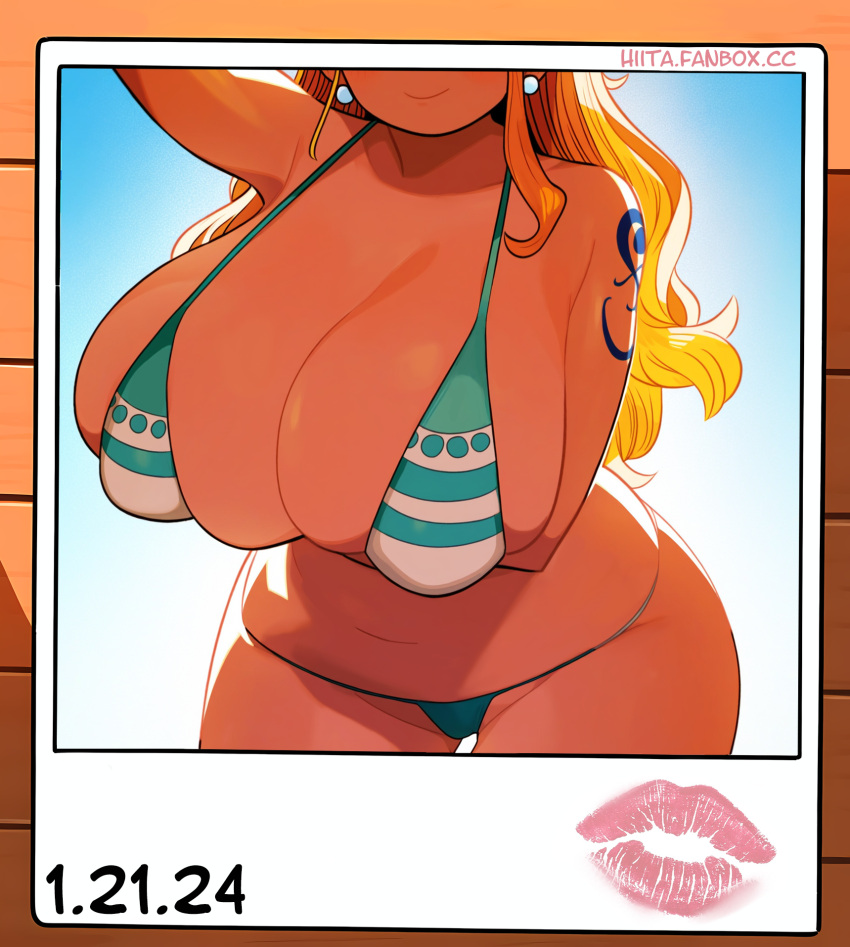 1girl arm_tattoo arm_under_breasts bikini breasts cleavage dated earrings green_bikini head_out_of_frame highres hiita_(hitta_99) huge_breasts jewelry lipstick_mark nami_(one_piece) navel one_piece orange_hair pearl_earrings photo_(object) plump shoulder_tattoo skindentation solo sunlight swimsuit tattoo thighs wide_hips