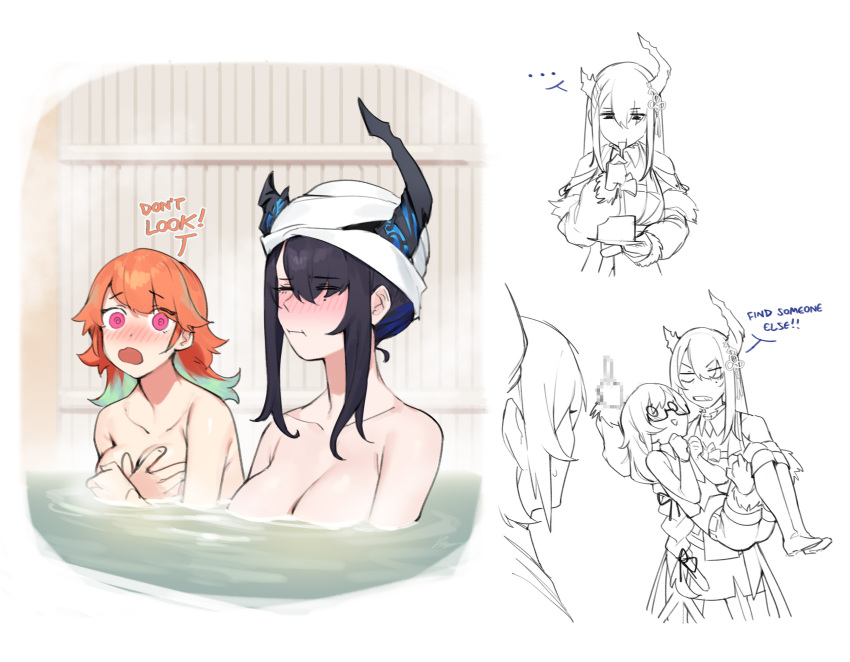1boy 3girls asymmetrical_horns bath bathing black_hair blue_hair blush breasts brother_and_sister censored_gesture character_request colored_inner_hair dasdokter demon_horns highres hololive hololive_english horns malphis_ravencroft_ii middle_finger mole mole_under_eye multicolored_hair multiple_girls naked_towel nerissa_ravencroft nude onsen partially_submerged same-sex_bathing shared_bathing siblings takanashi_kiara towel towel_on_head two-tone_hair virtual_youtuber