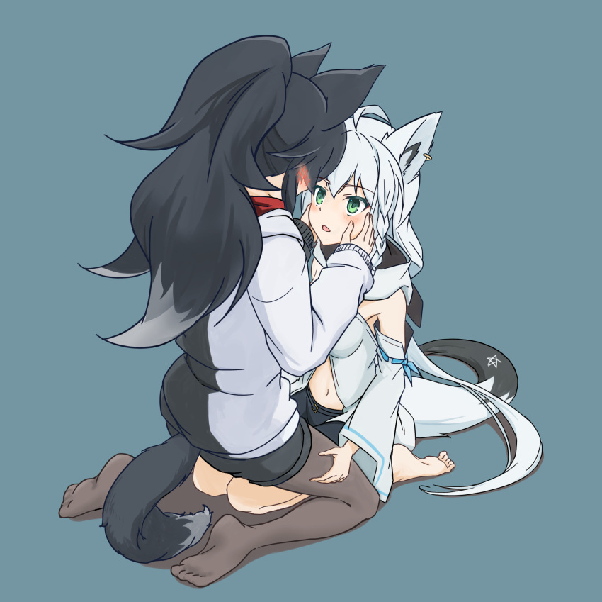2girls ahoge animal_ear_fluff animal_ears barefoot black_hair black_jacket black_pantyhose black_shorts blush braid breasts commentary_request eye_contact face-to-face feet fox_ears fox_girl fox_tail green_eyes hand_on_another's_thigh hands_on_another's_cheeks hands_on_another's_face highres hololive jacket kagami_yoshino long_hair looking_at_another multicolored_clothes multicolored_jacket multiple_girls navel no_shoes ookami_mio open_mouth pantyhose ponytail seiza shirakami_fubuki shirt shorts sitting sitting_on_lap sitting_on_person soles tail toes two-tone_jacket virtual_youtuber white_hair white_jacket white_shirt wolf_ears wolf_girl wolf_tail yuri
