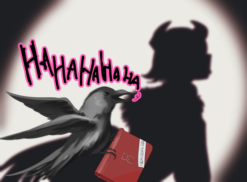 1girl animal aradia_ravencroft bird black_bird black_feathers crow demon_horns different_shadow english_text feathers handheld_game_console hololive hololive_english hololive_shadow_puppet_(meme) horns meme nintendo_ds set7 shadow_puppet short_hair silhouette solo spotlight virtual_youtuber