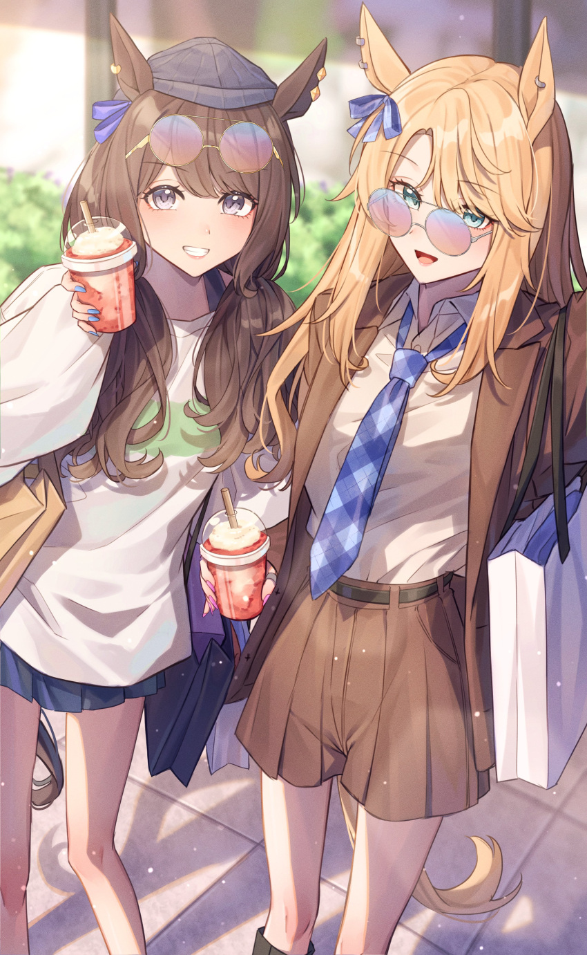2girls absurdres animal_ears bag blonde_hair blue_eyes blue_necktie blue_skirt blurry blurry_background brown_coat brown_hair brown_shorts bush coat commentary_request cup disposable_cup drinking_straw eyewear_on_head gold_city_(umamusume) gradient-tinted_eyewear grey_eyes highres holding holding_cup horse_ears horse_girl horse_tail isana615 long_hair long_sleeves looking_at_viewer miniskirt multiple_girls necktie parted_bangs plaid_necktie puffy_long_sleeves puffy_sleeves round_eyewear shirt shopping_bag shorts skirt tail thighs tosen_jordan_(umamusume) umamusume white_shirt