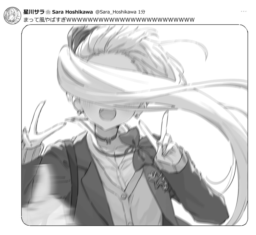 1girl :d bag blazer blush bow bowtie cardigan collared_shirt double_v earrings facing_viewer floating_hair forehead greyscale h_(eitilog) highres hoshikawa_sara jacket jewelry long_hair long_sleeves monochrome nijisanji open_clothes open_jacket open_mouth school_bag school_uniform selfie shirt sidelocks smile social_network solo translated twintails upper_body v v-neck virtual_youtuber wind