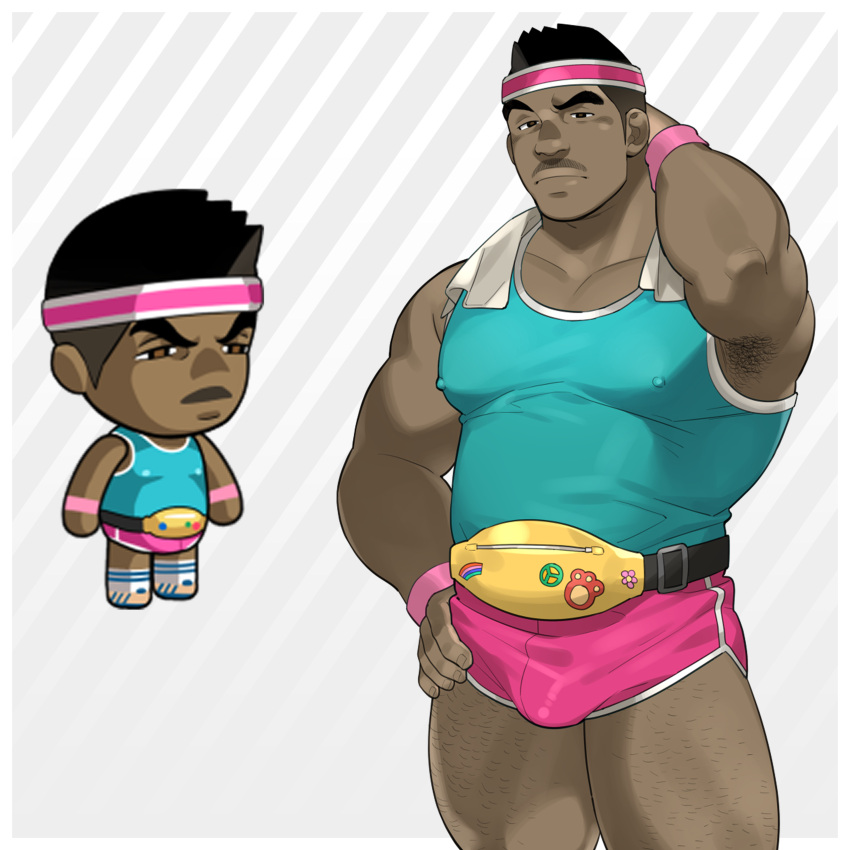 1boy absurdres aqua_tank_top armpit_hair armpits bara belly bulge buzz_(ero_condo) chibi covered_nipples cowboy_shot dark-skinned_male dark_skin dolphin_shorts ero_condo facial_hair headband highres kienbiu large_pectorals male_focus muscular muscular_male mustache_stubble navel official_alternate_costume paid_reward_available pectorals plump short_hair shorts simple_background solo standing stubble thick_thighs thighs thighs_together undercut waist_bag