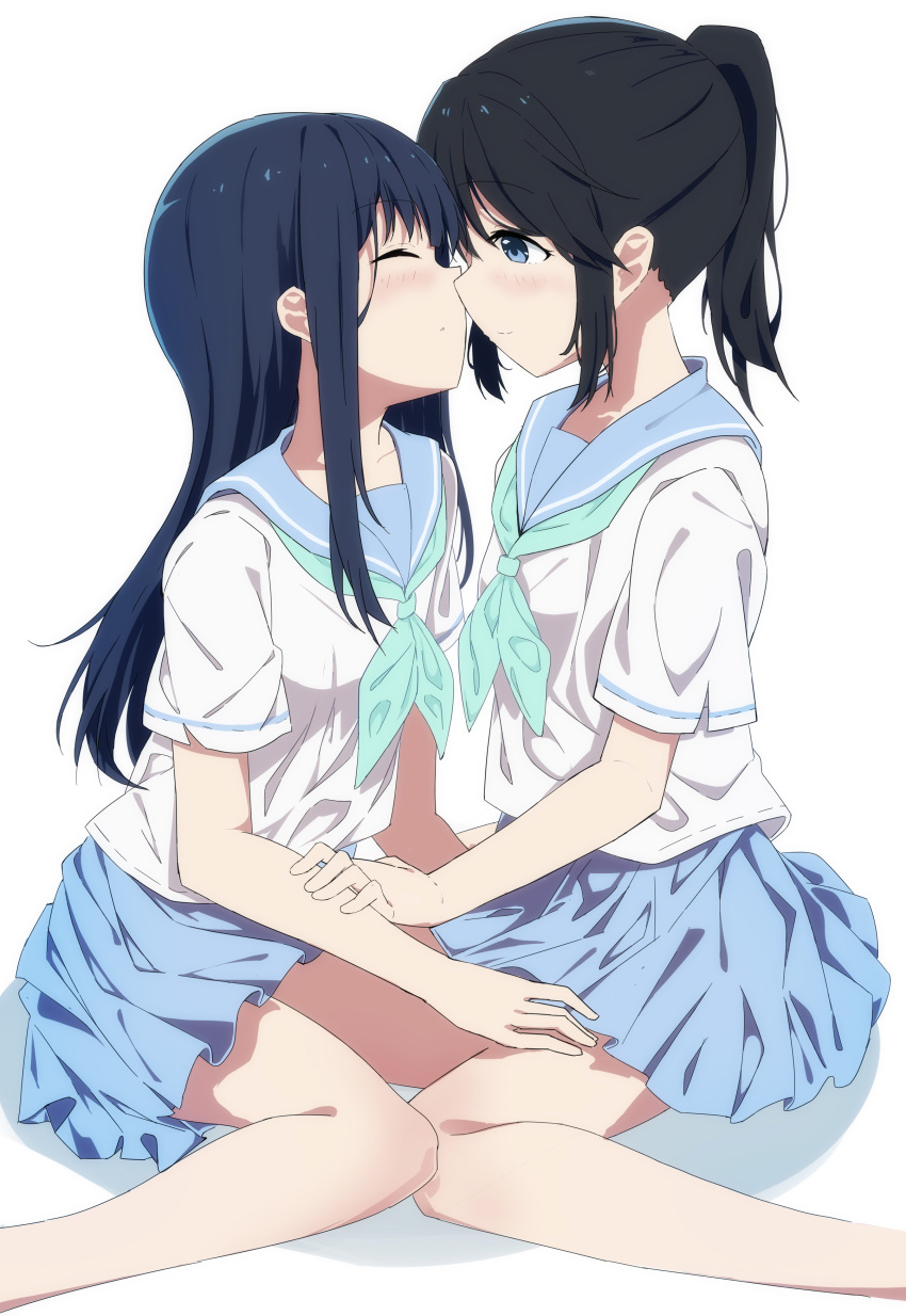 2girls absurdres black_hair blue_eyes blue_hair blue_neckerchief blue_sailor_collar blue_skirt blush closed_eyes closed_mouth commentary_request hand_on_another's_arm hand_on_another's_thigh hibike!_euphonium highres imminent_kiss kasaki_nozomi kitauji_high_school_uniform liz_to_aoi_tori long_hair looking_at_another multiple_girls neckerchief pleated_skirt ponytail sailor_collar school_uniform serafuku shirt short_sleeves simple_background sitting skirt soha_(sirohase) white_background white_shirt yoroizuka_mizore yuri