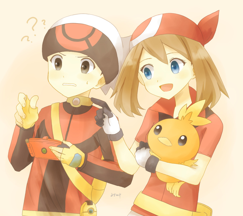 1boy 1girl ? ?? bandana blue_eyes brendan_(pokemon) brown_eyes brown_hair fanny_pack fingerless_gloves gloves hat holding holding_pokedex holding_pokemon long_sleeves may_(pokemon) open_mouth pokedex pokemon pokemon_(creature) pokemon_rse pokenav red_bandana red_shirt shirt short_sleeves sweatdrop torchic upper_body white_hat ymzmi