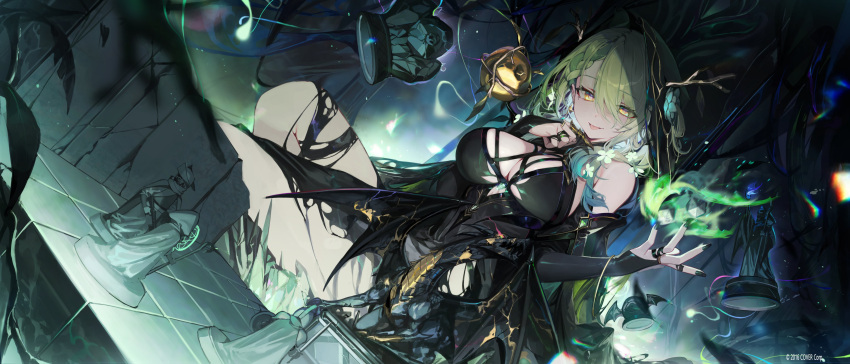 1girl absurdres antlers apple black_dress braid breasts bridal_gauntlets ceres_fauna chyan cleavage dice dragon dress figure food french_braid fruit golden_apple green_hair green_nails highres hololive hololive_english horns large_breasts mole mole_under_eye nail_polish official_art smile solo tongue tongue_out veil virtual_youtuber yellow_eyes