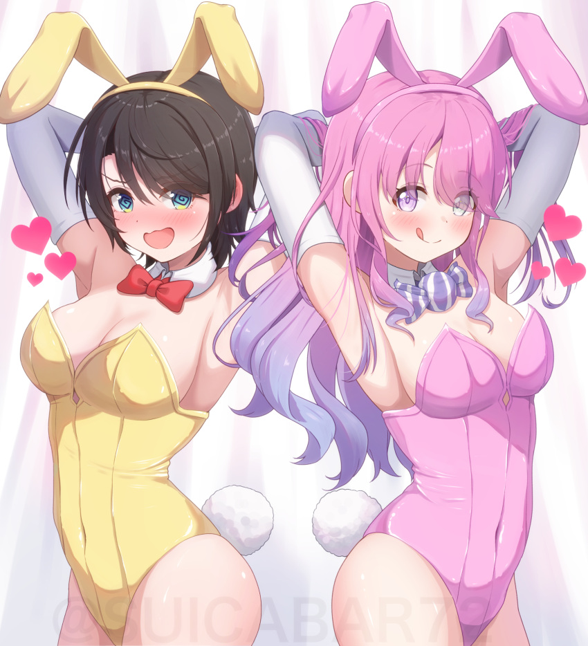 2girls animal_ears arm_behind_head black_hair blue_eyes blush bow bowtie cowboy_shot detached_collar elbow_gloves fake_animal_ears gloves gradient_hair heart highres himemori_luna hololive leotard long_hair looking_at_viewer multicolored_hair multiple_girls nose_blush oozora_subaru pink_hair pink_leotard playboy_bunny purple_eyes rabbit_ears rabbit_tail red_bow red_bowtie short_hair smile strapless strapless_leotard striped_bow striped_bowtie striped_clothes suicabar72 swept_bangs tail tongue tongue_out wavy_mouth white_gloves yellow_leotard