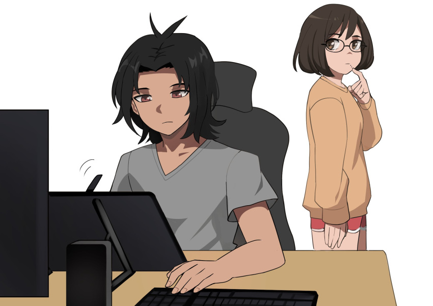 1boy 1girl artist_self-insert black_hair brown_eyes brown_hair brown_shirt closed_mouth dark_skin desk glasses grey_shirt highres jourd4n keyboard_(computer) long_sleeves mole mole_under_mouth original red_shorts screen shirt short_hair short_sleeves shorts simple_background white_background