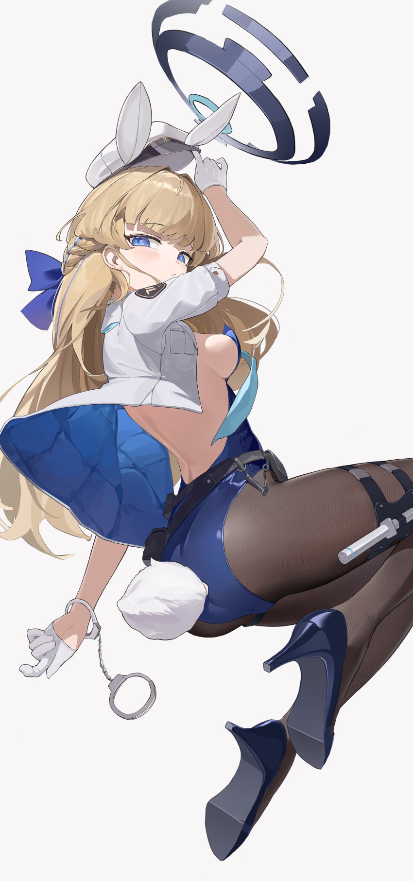 1girl absurdres berserker_r black_footwear black_pantyhose blonde_hair blue_archive blue_eyes blue_halo blue_leotard blush breasts closed_mouth cuffs fake_tail gloves halo hat high_heels highres jacket leotard long_hair looking_at_viewer medium_breasts open_clothes open_jacket pantyhose peaked_cap rabbit_tail shackles short_sleeves simple_background solo strapless strapless_leotard tail toki_(blue_archive) white_background white_gloves white_hat white_jacket
