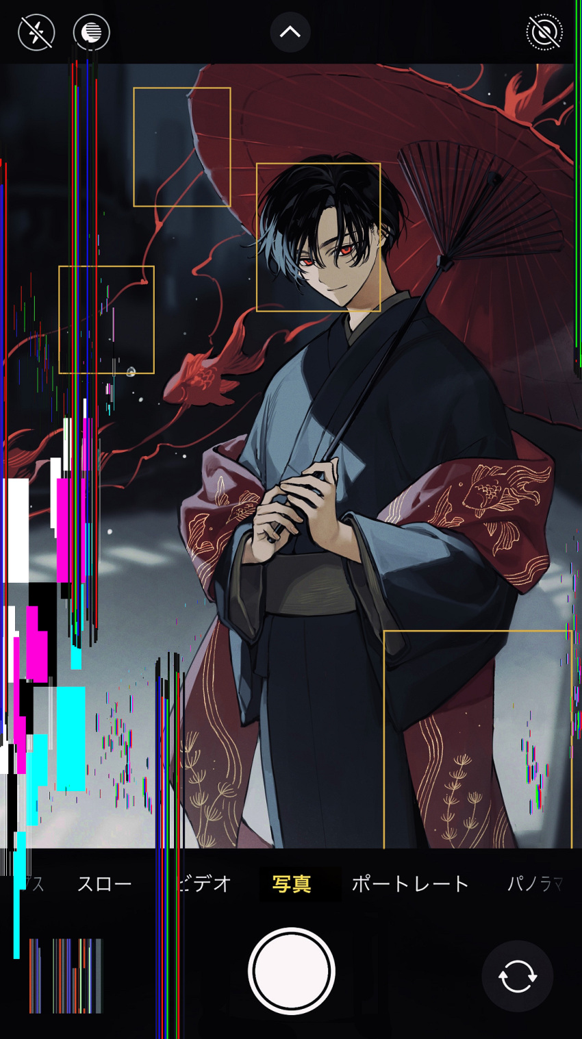 1boy black_hair black_kimono head_tilt highres holding holding_umbrella horror_(theme) japanese_clothes kimono light_smile looking_at_viewer male_focus oil-paper_umbrella original parted_bangs photo_(medium) picture_frame red_eyes red_umbrella short_hair solo umbrella uminonew