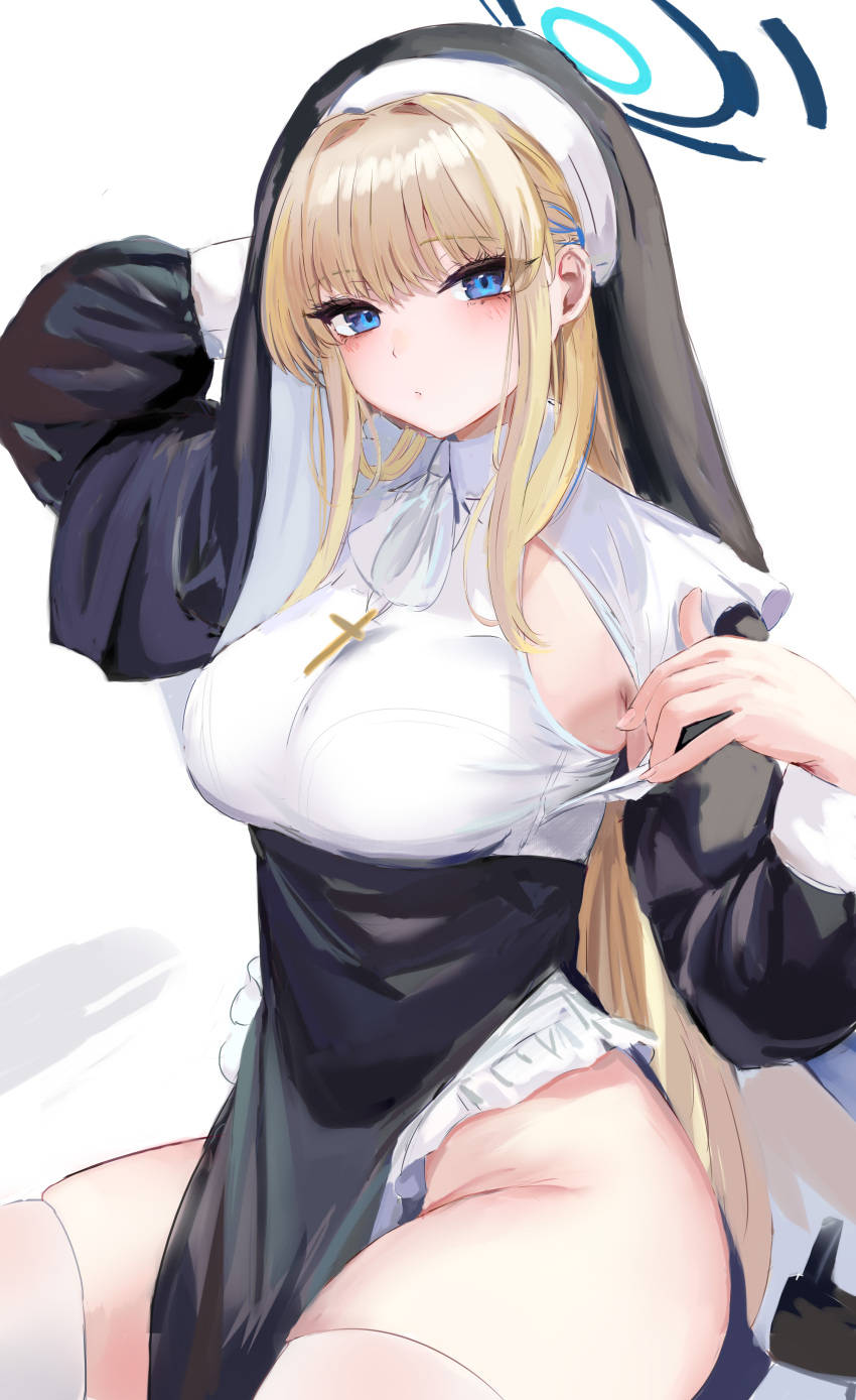 1girl absurdres alternate_costume blonde_hair blue_archive blue_eyes blue_halo blush breasts closed_mouth coif cowboy_shot groin habit halo highres large_breasts long_hair looking_at_viewer lshiki nun simple_background solo thighhighs toki_(blue_archive) underwear white_background white_thighhighs