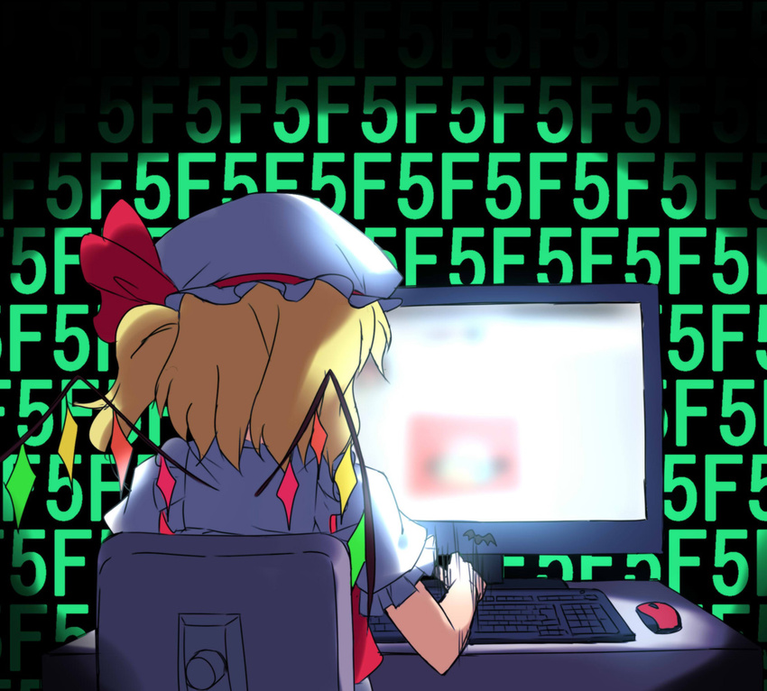 bat blonde_hair chair computer dress flandre_scarlet hat hat_ribbon keyboard keyboard_(computer) monitor mouse_(computer) red_dress ribbon sama_samasa shirt short_sleeves sitting solo touhou wings wireless_mouse