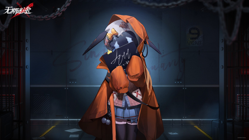 1girl against_wall bandaid black_thighhighs blue_bow blue_skirt bow cardigan chain character_name coat copyright_name covered_face cowboy_shot hands_up helmet highres holding holding_sign hood hood_up hooded_coat indoors logo lynn_(path_to_nowhere) miniskirt mugshot official_art official_wallpaper open_clothes open_coat orange_coat path_to_nowhere pink_bow pink_cardigan pleated_skirt prison_cell prison_clothes sign skirt sleeves_past_fingers sleeves_past_wrists solo space_helmet thigh_bow thighhighs white_helmet yellow_bow zettai_ryouiki |_|