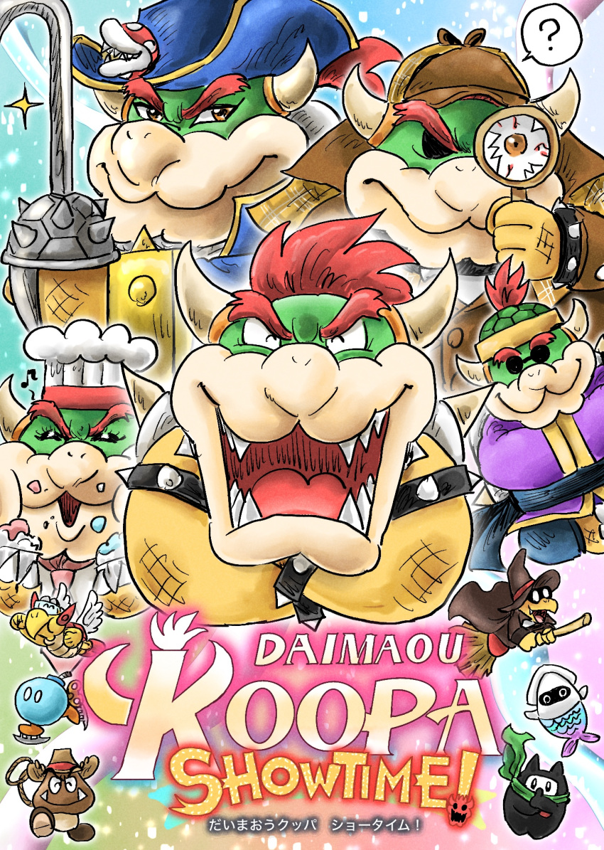 ? blooper_(mario) bob-omb bowser bracelet chef_hat coat colored_skin cosplay cowboy_hat detective detective_peach fangs food food_on_face goomba green_scarf hat highres holding holding_magnifying_glass horns ice_skates jewelry kamek kicdon koopa_troopa kung_fu_peach magnifying_glass male_focus mario_(series) mermaid_costume mighty_peach ninji open_mouth parody patissiere_peach piranha_plant princess_peach princess_peach:_showtime! princess_peach_(cosplay) scarf skates solid_oval_eyes sparkle spiked_bracelet spikes swordfighter_peach title_parody trench_coat wide_sleeves wings witch_hat yellow_skin