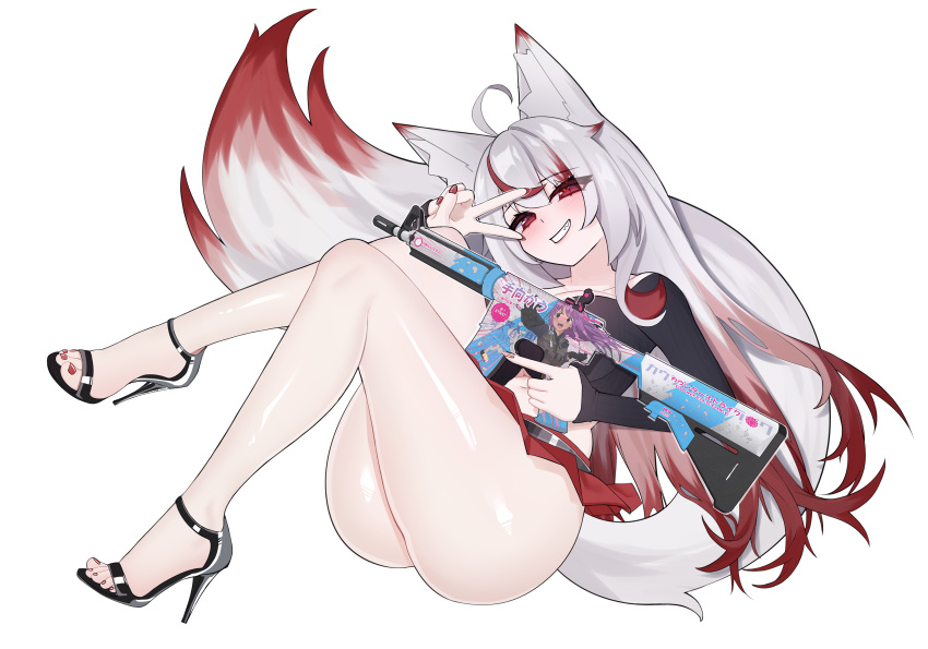 1girl absurdres animal_ears breasts fox_ears fox_girl fox_tail highres kitsune large_tail long_hair looking_at_viewer miniskirt skirt smile solo tail