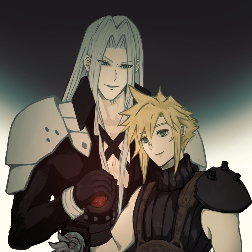 2boys akinahanami1015 armor black_coat black_gloves blonde_hair chest_strap cloud_strife coat commentary_request earrings evil_smile final_fantasy final_fantasy_vii final_fantasy_vii_rebirth final_fantasy_vii_remake gloves gradient_background green_eyes grey_hair hand_up high_collar highres holding_orb jewelry long_bangs long_hair long_sleeves looking_at_viewer looking_down male_focus materia multiple_boys open_clothes open_coat orb parted_bangs parted_lips pauldrons possessed sephiroth short_hair shoulder_armor single_pauldron sleeveless sleeveless_sweater sleeveless_turtleneck slit_pupils smile spiked_hair standing stud_earrings suspenders sweater turtleneck turtleneck_sweater upper_body