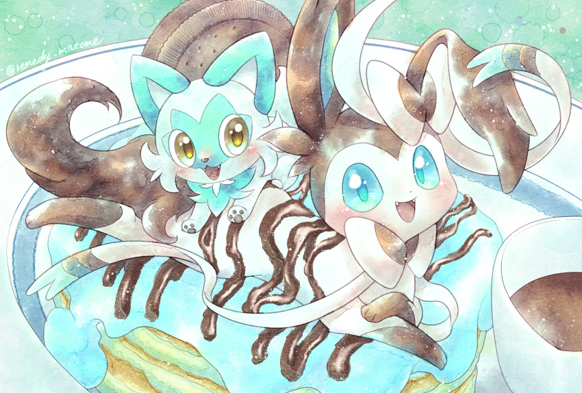 alternate_color blue_eyes blush bow chocolate coffee cookie doughnut fangs food highres looking_at_viewer no_humans open_mouth pokemon pokemon_(creature) remedy_matome ribbon shiny_pokemon sprigatito sylveon yellow_eyes