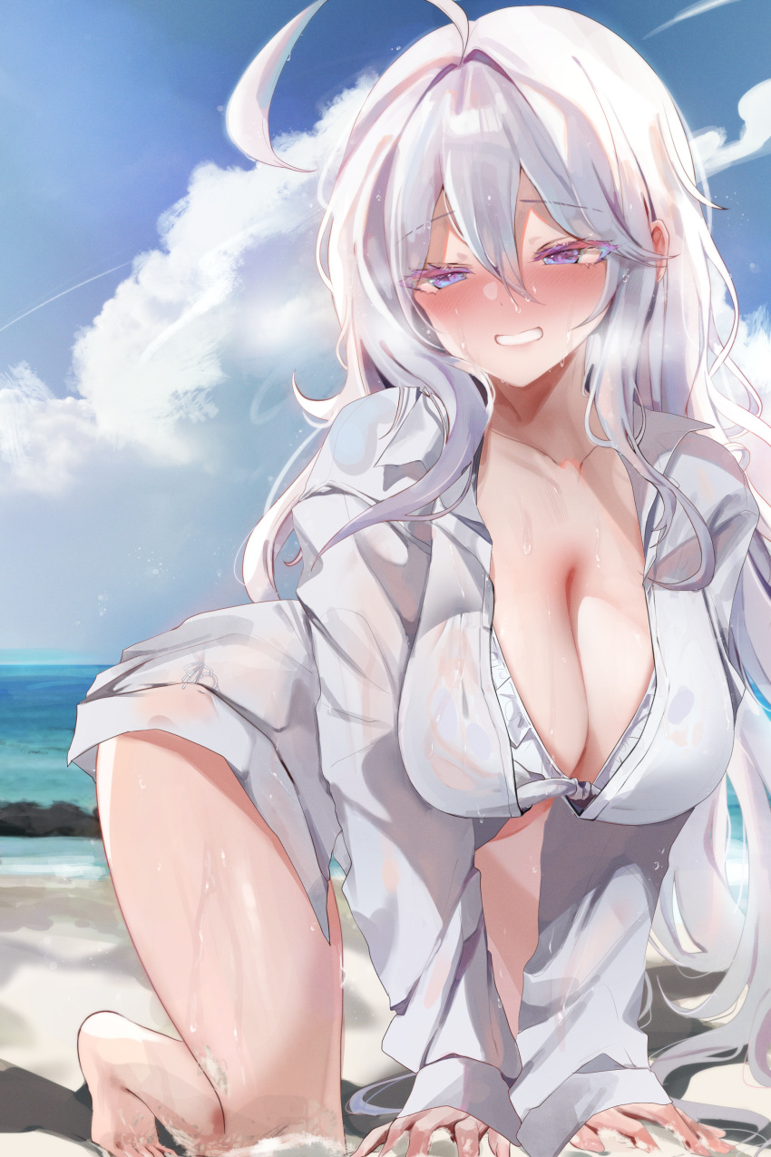 1girl absurdres ahoge antenna_hair beach bikini blue_sky blush breasts cleavage cloud collarbone commentary_request day dolechan dress_shirt frilled_bikini frills grin hair_between_eyes highres kneeling large_breasts long_hair looking_at_viewer ocean original outdoors purple_eyes shirt sidelocks sky smile solo sweat swimsuit variant_set white_bikini white_hair white_shirt