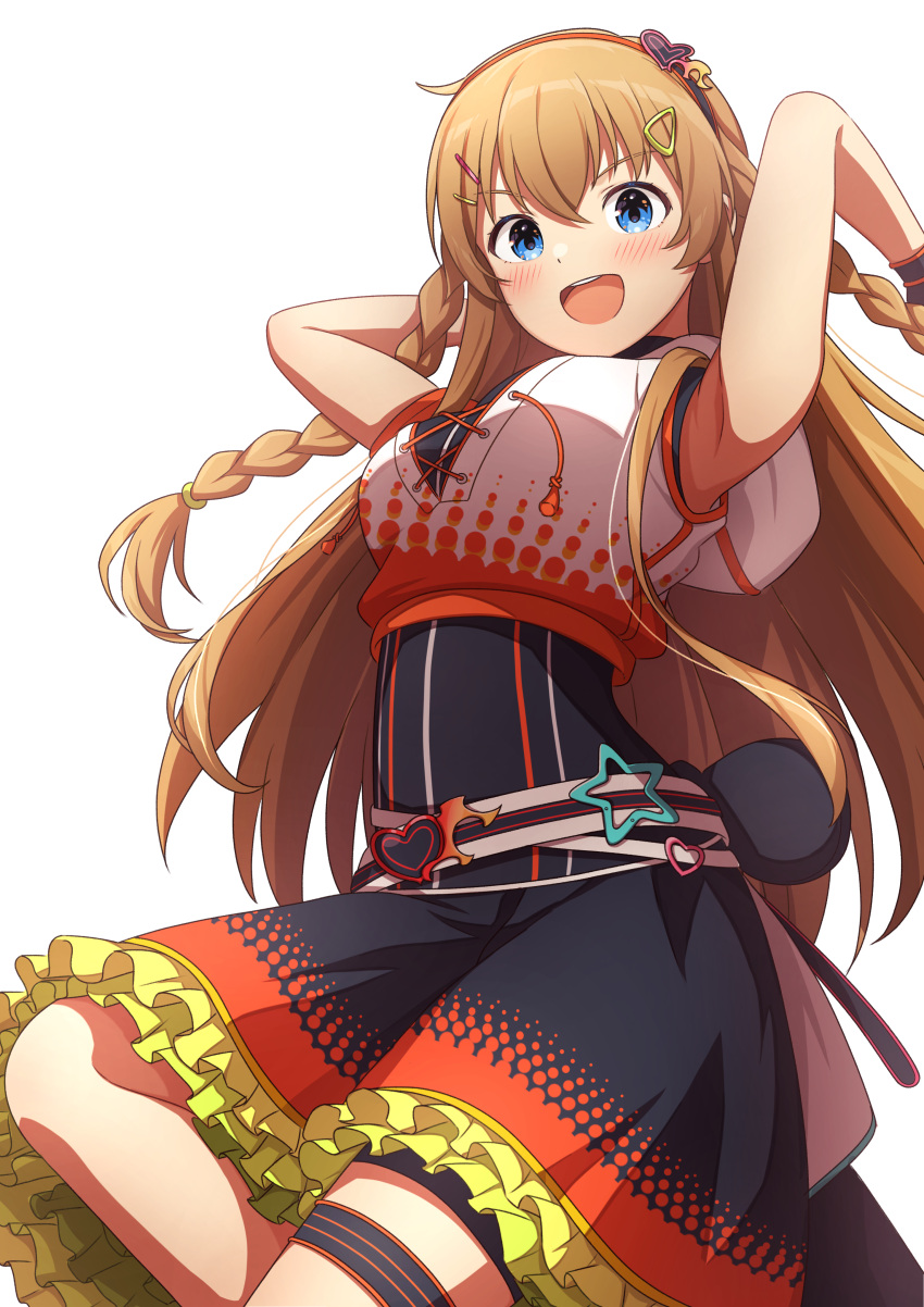 1girl absurdres akatsuki_(artakatuki) armpits arms_up belt black_dress blue_eyes blush braid breasts brown_hair buckle cowboy_shot cropped_hoodie dot_nose dress frilled_dress frills from_below hair_ornament hairband hairclip heart heart-shaped_buckle heart_hair_ornament highres hood hood_down hoodie idolmaster idolmaster_million_live! idolmaster_million_live!_theater_days kousaka_umi long_hair looking_at_viewer medium_breasts open_mouth red_hairband red_trim simple_background sleeveless sleeveless_hoodie smile solo standing standing_on_one_leg teeth thigh_strap twin_braids upper_teeth_only white_background white_belt white_hoodie