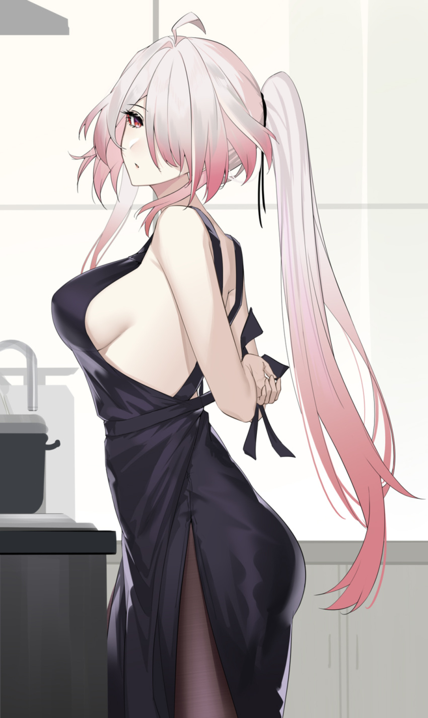 1girl acheron_(honkai:_star_rail) ahoge apron arms_behind_back black_apron black_pantyhose breasts commentary_request cowboy_shot hair_over_one_eye highres honkai:_star_rail honkai_(series) indoors kitchen large_breasts long_sleeves looking_at_viewer official_alternate_eye_color official_alternate_hair_color pantyhose ponytail red_eyes sideboob solo srpzk standing tying_apron white_hair