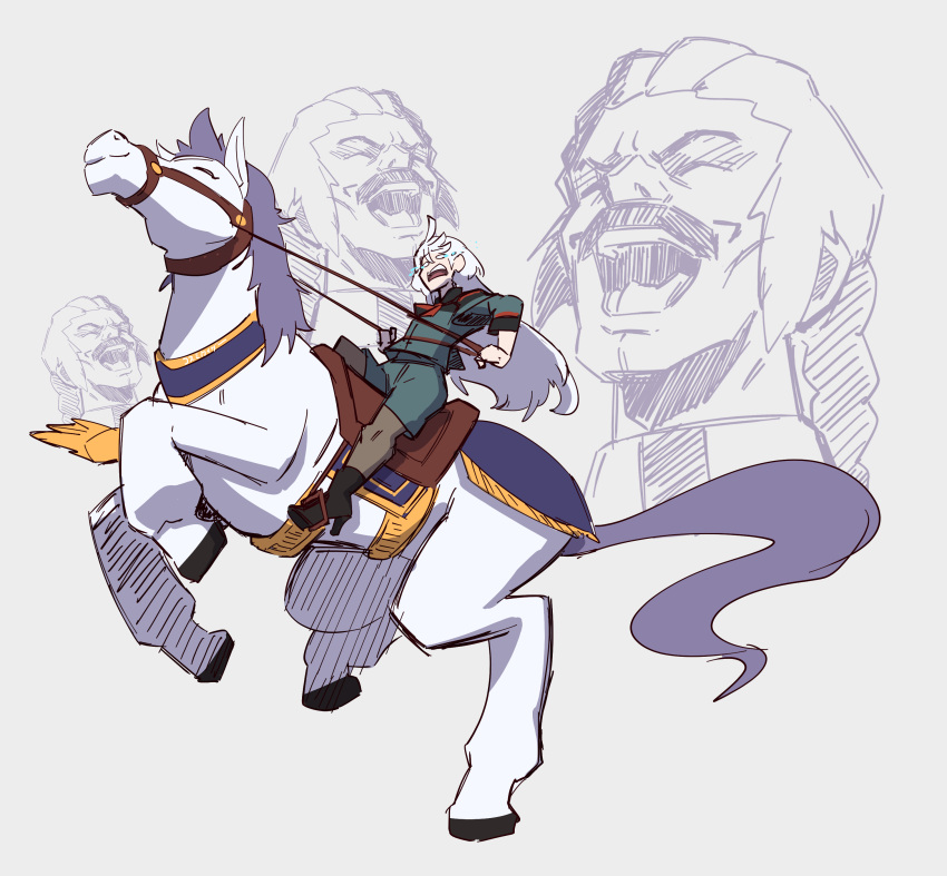 absurdres ahoge asticassia_school_uniform cosmikaizer crossover facial_hair fuunsaiki g_gundam gundam gundam_suisei_no_majo highres horse laughing long_hair master_asia miorine_rembran mustache pantyhose school_uniform seamed_legwear shorts smile tears