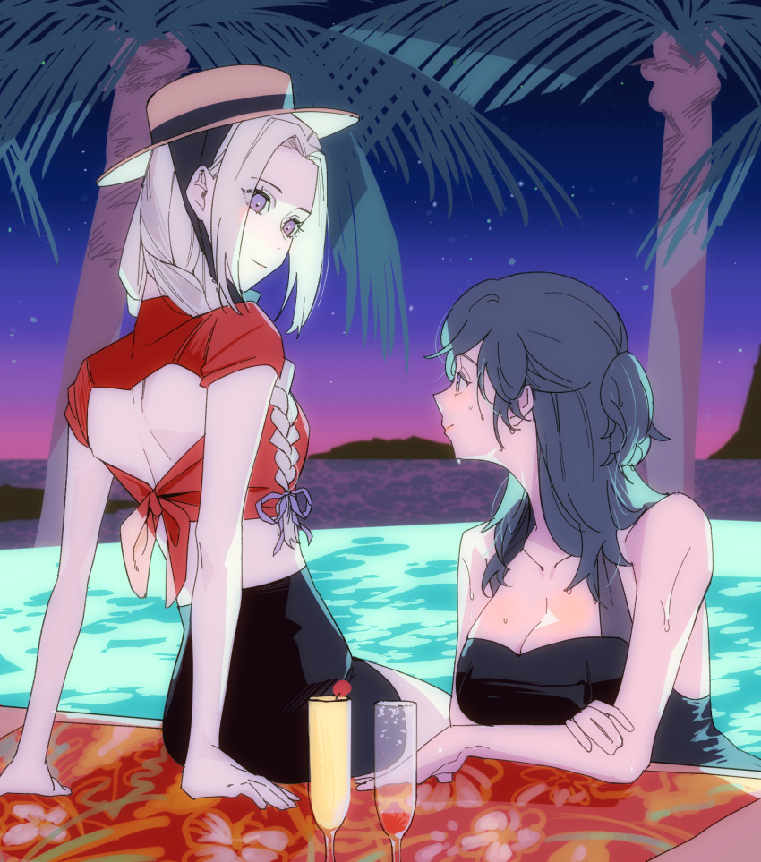 2girls b_(wldms6650) backless_shirt bare_arms bikini black_bikini black_skirt blue_hair braid breasts byleth_(female)_(fire_emblem) byleth_(fire_emblem) chin_strap cleavage closed_mouth cocktail_glass commentary cup drinking_glass edelgard_von_hresvelg english_commentary eye_contact fire_emblem fire_emblem:_three_houses highres large_breasts long_hair looking_at_another low-tied_long_hair mountainous_horizon multiple_girls night outdoors palm_tree partially_submerged pool purple_eyes purple_ribbon red_shirt ribbon shirt short_sleeves skirt sky smile star_(sky) starry_sky sunset swimsuit tree twin_braids wet white_hair