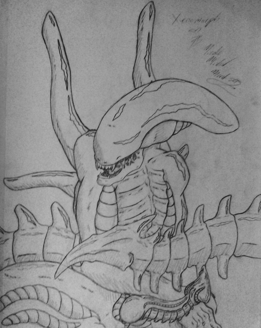 alien_(franchise) auserei black_and_white erection knot line_art male monochrome penis precum sketch snarling solo teeth xenomorph