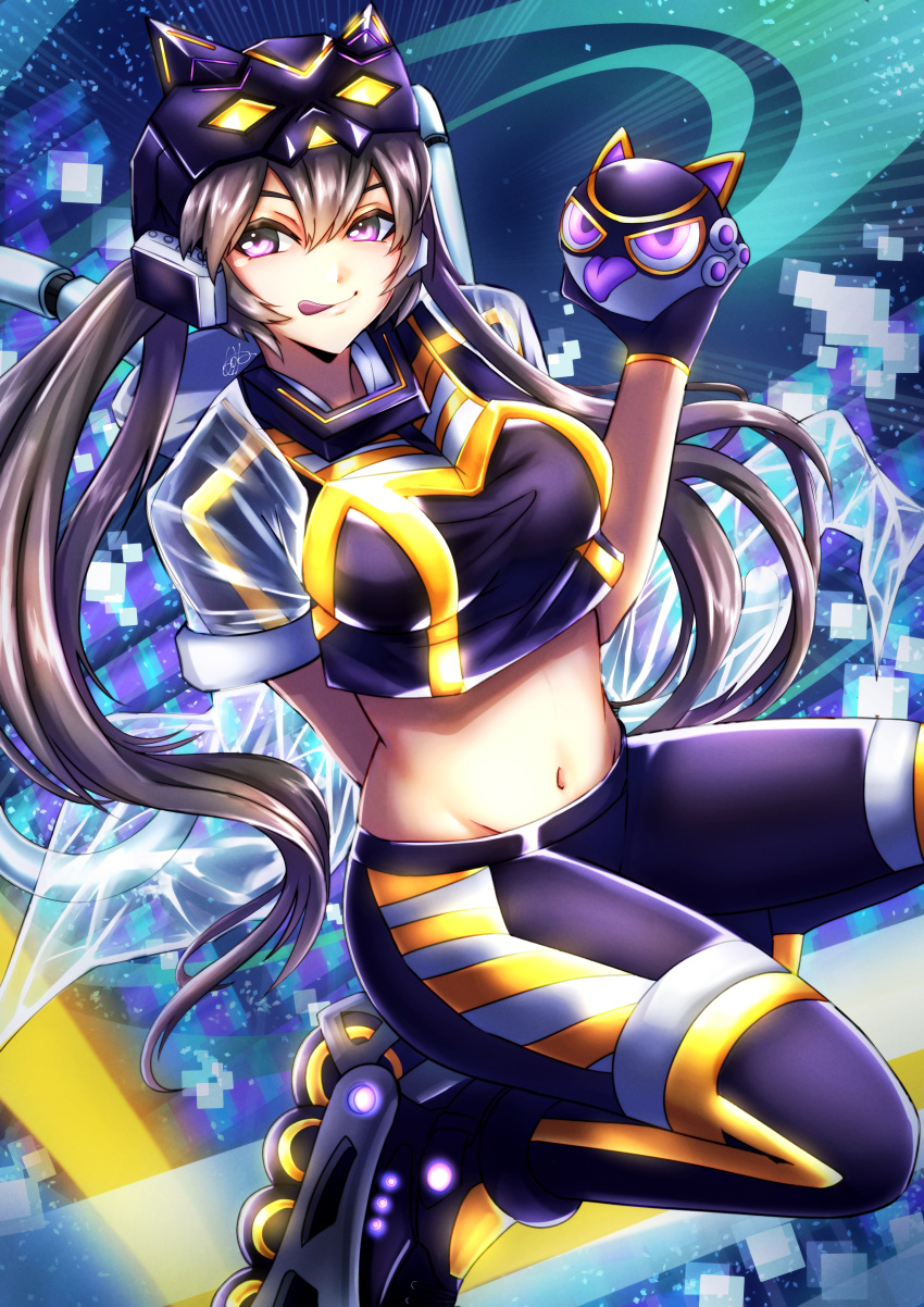 1girl absurdres breasts brown_eyes brown_hair cat_mask duel_monster em:p_meowmine gloves highres i:p_masquerena large_breasts long_hair looking_at_viewer mask midriff navel pants shiina_aono short_sleeves sidelocks smile solo tail tongue tongue_out twintails yu-gi-oh!